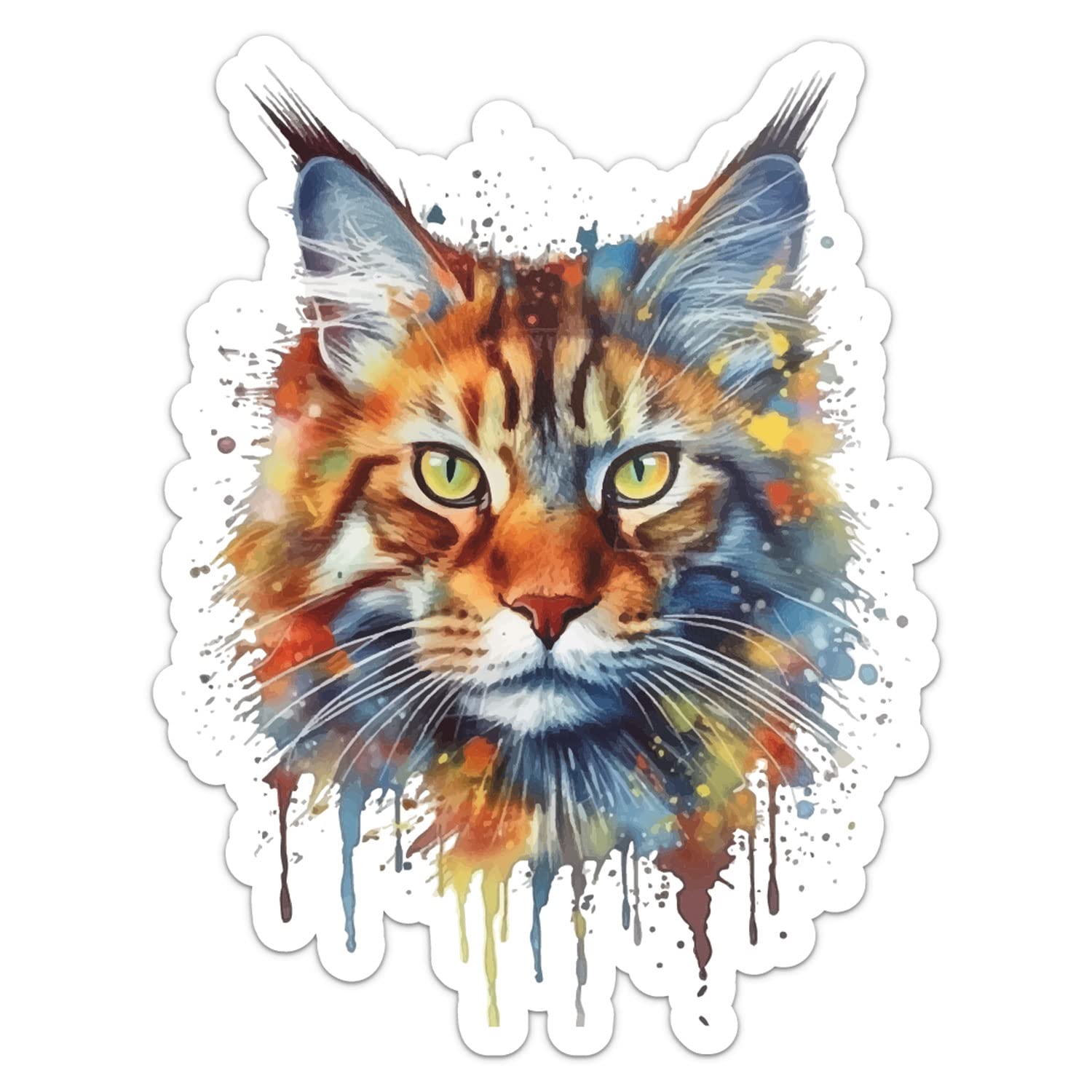 Colorful Maine Coon Cat Sticker, Car Bumper, Laptop, Water Bottle, Wall, Window Waterproof Vinyl Decal, Size - 5'' Longer Side