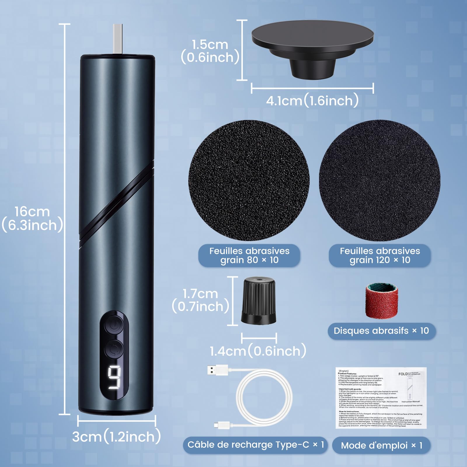 LIHAO Rape Pieds Électrique, 2 en 1Ponceuse Pieds Rechargeable 1800mAh avec Poignée Rabattable 90°, 9 Vitesses, Écran LED, Kit Pédicure 30 Accessoires pour Callosités et Peaux Mortes - Noir