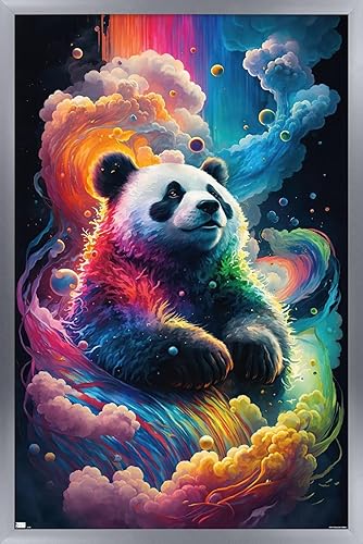 Trends International Wumples - Póster de pared de panda neón cósmico, 22.37 x 34.00 pulgadas, versión enmarcada plateada