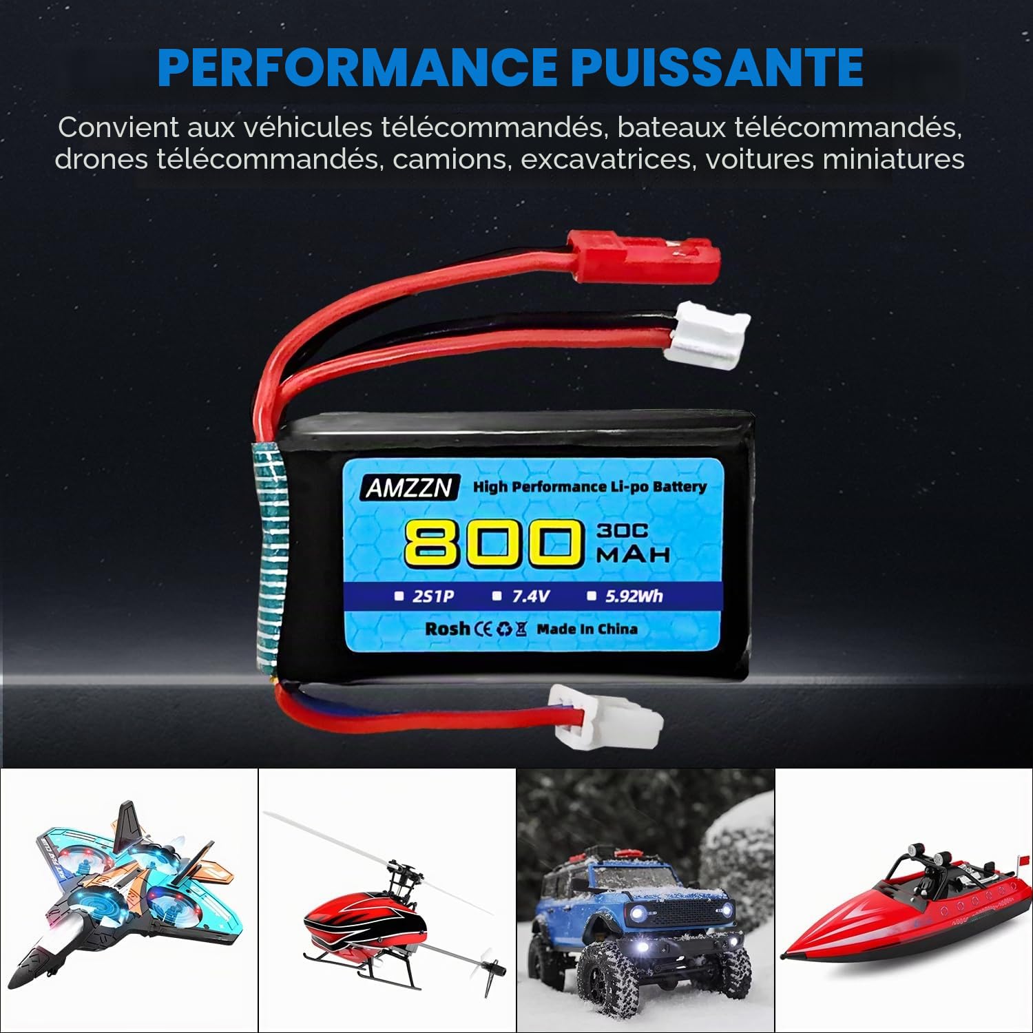 2 pièces 7,4V 2S 30C 800mAh Lipo Batterie JST Prise et Prise PH2.0 avec Chargeur 2 en 1 adapté pour véhicules SCX24 RC, Compatible avec la Plupart des camions RC et Drones télécommandés