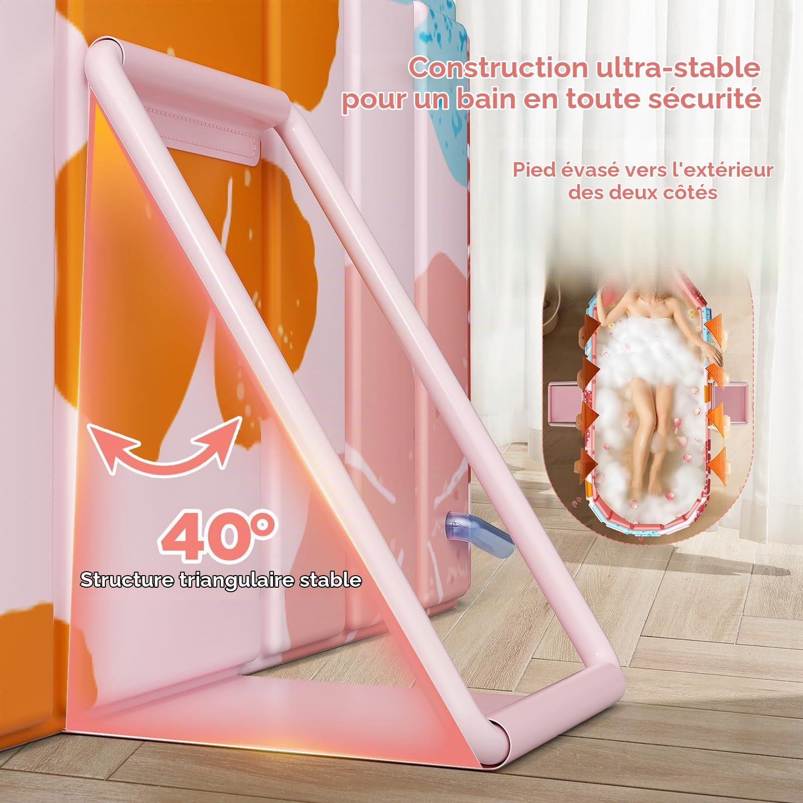 Baignoire pliable adulte 145x52x51.5cm (57.1x20.5x20.3in),Baignoire portable pliable avec 2 panneaux de support latéraux,2 trous de drainage,pour adultes,baignoires pour Intérieur/Extérieur