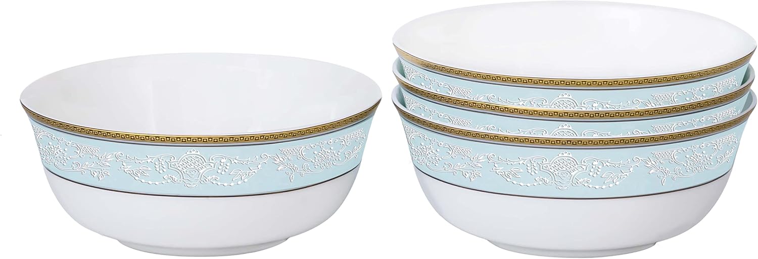 Bone China Bowls Set,Fine,6-Inch 26oz Soup Bowls Classic Relief Pattern Gilt Edged High Grade Cereal Bowl For use by 4 People Microwave Safety (Fresh blue-green)