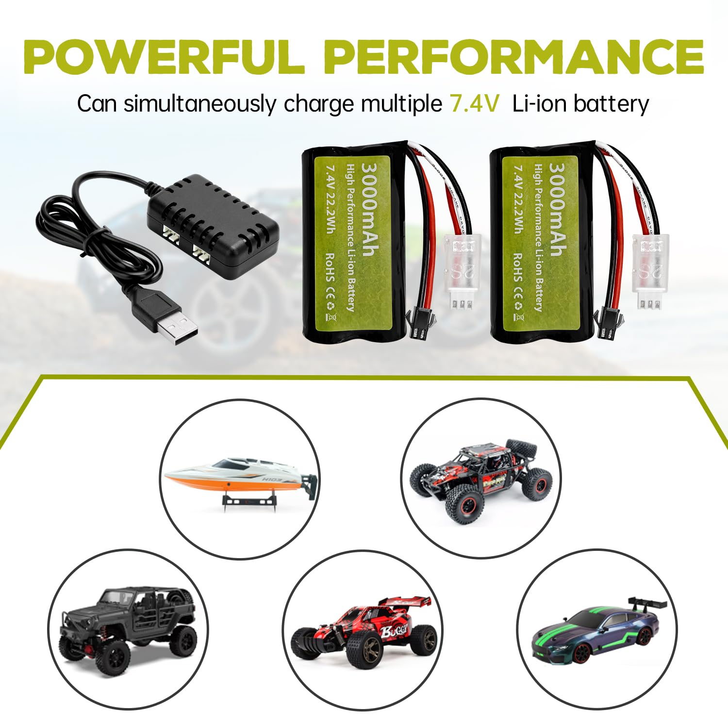 2PCS 7.4V 3000mah 15C 2S batteria agli ioni di litio con spina SM-2P con 2-in-1 caricabatterie per H105 H103 H101 RC Barca MN D99 D99s D90 D91 RC Auto Camion RC Barca Batteria