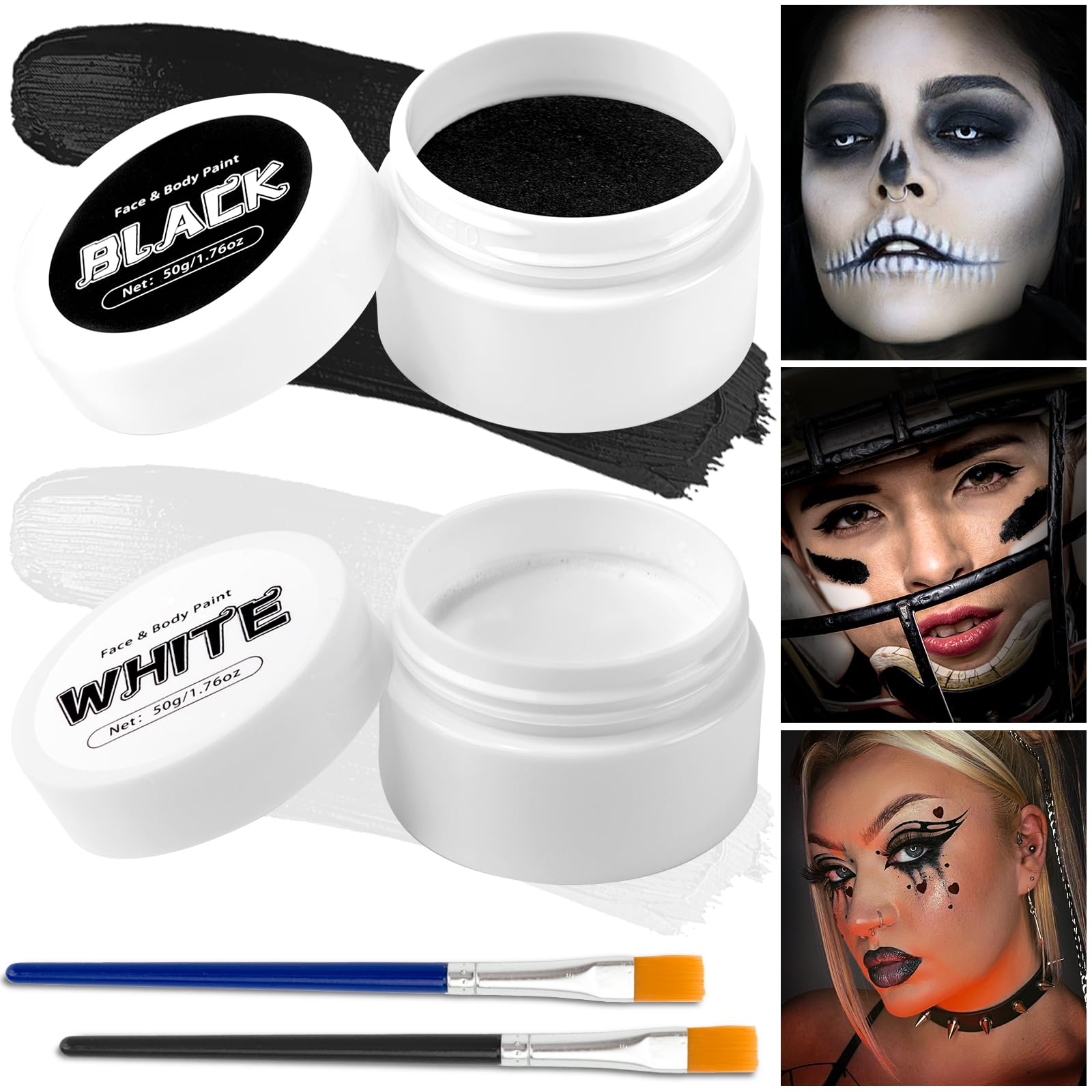 TonJin Black + White Face Body Paint Set 3.5oz/100g, Non-Toxic Professional Facepaint Makeup Kit with 2 Brushes for Art Theater Halloween Party Cosplay Clown Corpse Goth SFX Makeup Black & White