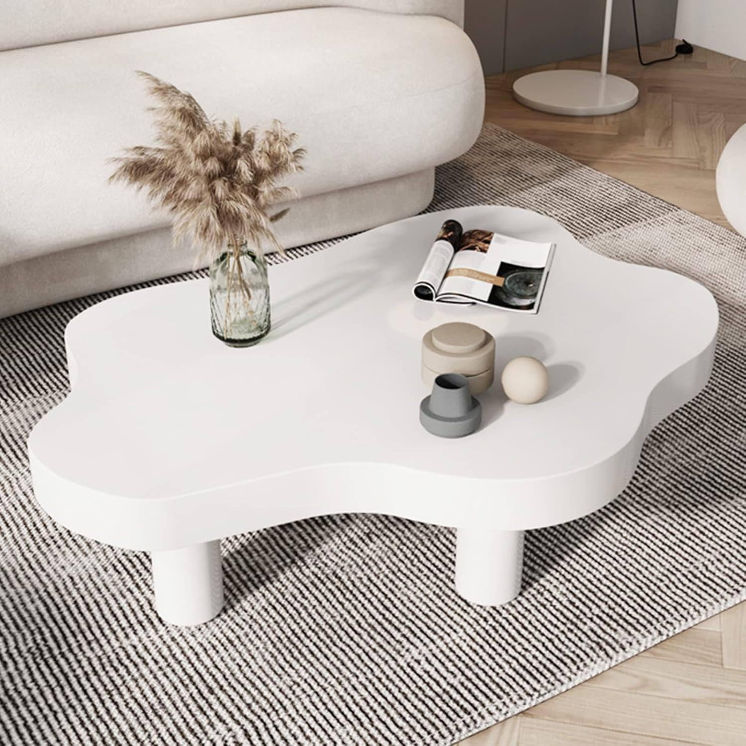 SXZenSpace Cloud Shaped Coffee Table, Solid Wood Living Room Sofa Small Side Table/Bedroom Wooden Table,White-70x45x40cm