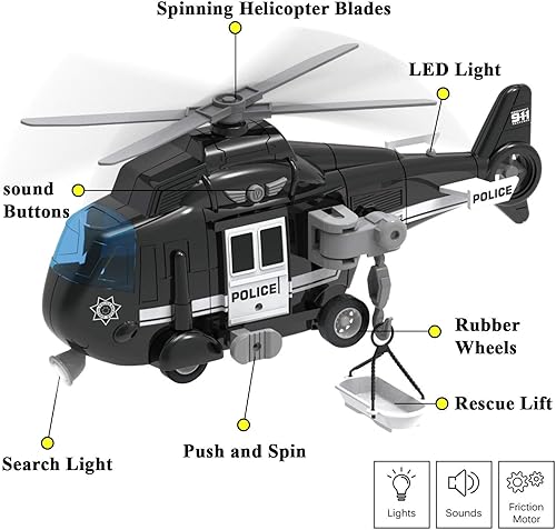 Miniatura 5 de Liberty Imports Helicóptero de rescate policial con motor de fricción para niños  Chopper Push and Go con luces de acción y sonidos de juego de