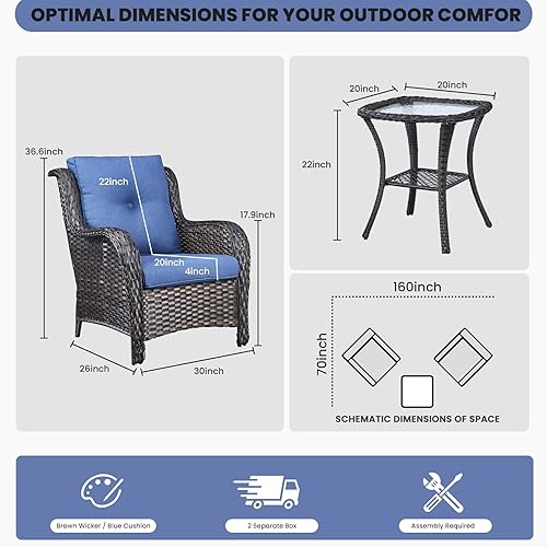 Miniatura 3 de Juego de muebles de exterior, sillas de mimbre para patio, muebles de ratán para porche con mesa auxiliar, juegos de sillas de bistró para patio con