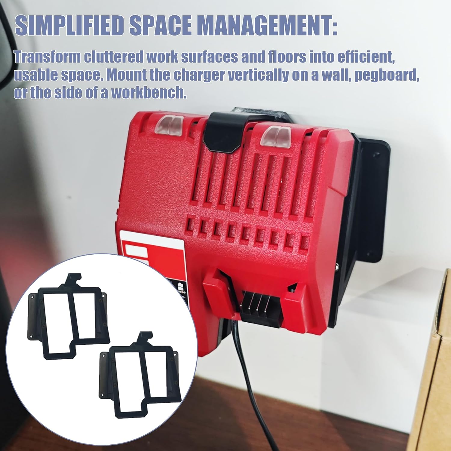 Power Tool Organizer, Compatible with Milwaukee M12/M18 Charger Wall Mount Securely Mounts Your Charger, for Garage & Workshop Organization, Saving Space and Keeping Your Tools Tidy (Black*2pcs)