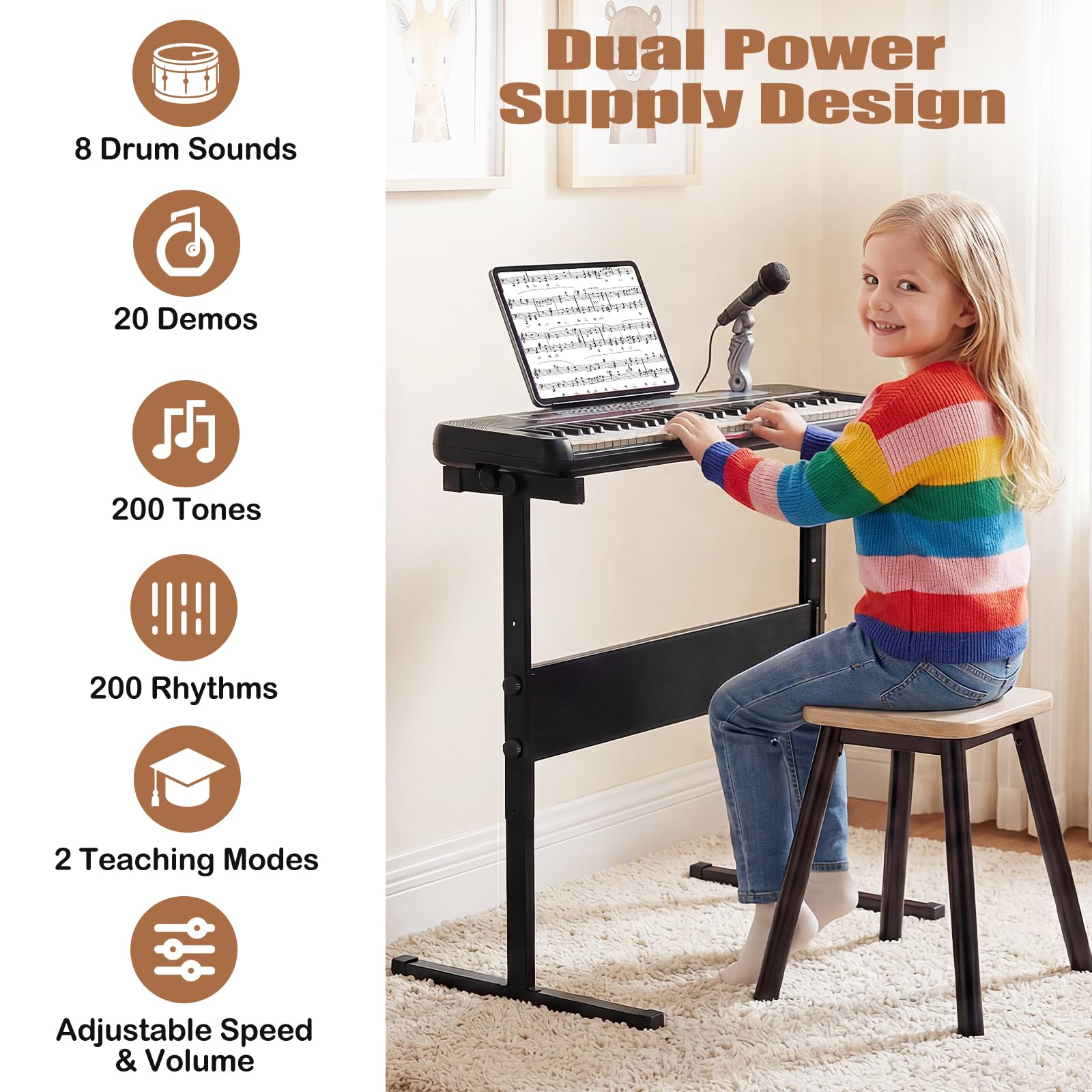 KOMFOTTEU Teclado Electrónico de 61 Teclas, Piano Digital con 200 Tonos, 200 Ritmos, Soporte Ajustable, Micrófono y Atril, Teclado Musical para Niños de 3+ Años (Negro)