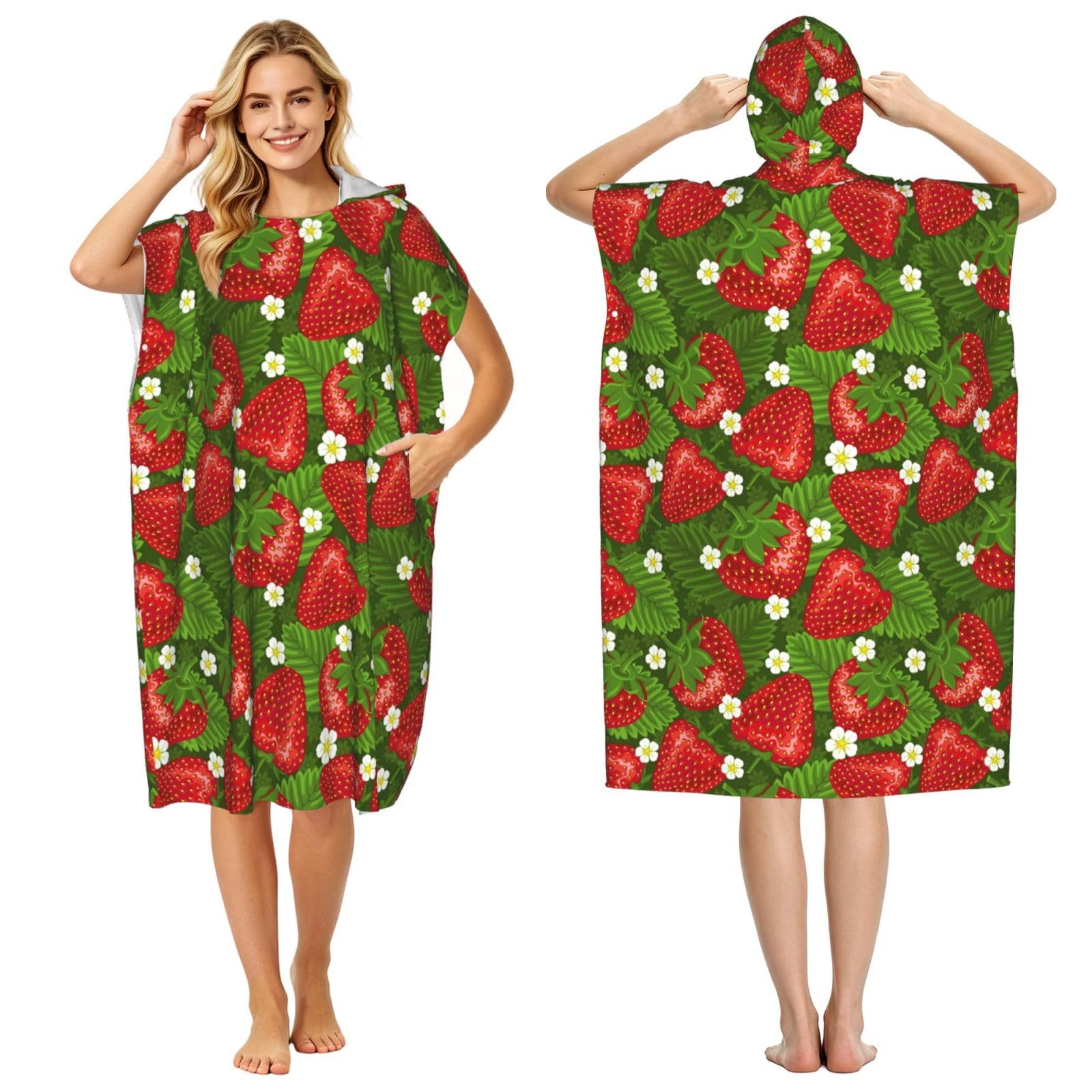 Poadnly Strawberry And Flower, Adult Hooded Beach Towel 90 x 110 cm,Changing Bath Robe, Surf Poncho Towel For Women Men