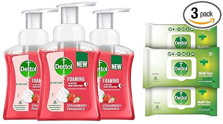 Dettol Foaming Handwash Pump - Strawberry (Pack of 3-250ml each) | Moisturizing Hand Wash | Soft on Hands & Disinfectant Sanitizer Wet Wipes for Skin & Surfaces, Original (Pack of 3, 40 Count each)