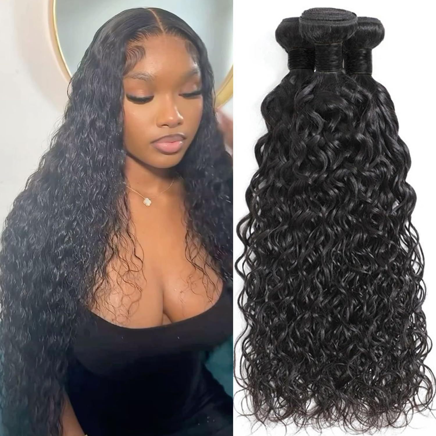 Water Wave Human Hair Bundles12A 100% Unprocessed Brazilian Virgin Hair Curly Bundles Human Hair Can be Dyed Wet and Wavy Curly Weave Bundles Natural Black Color (16 18 20inch)