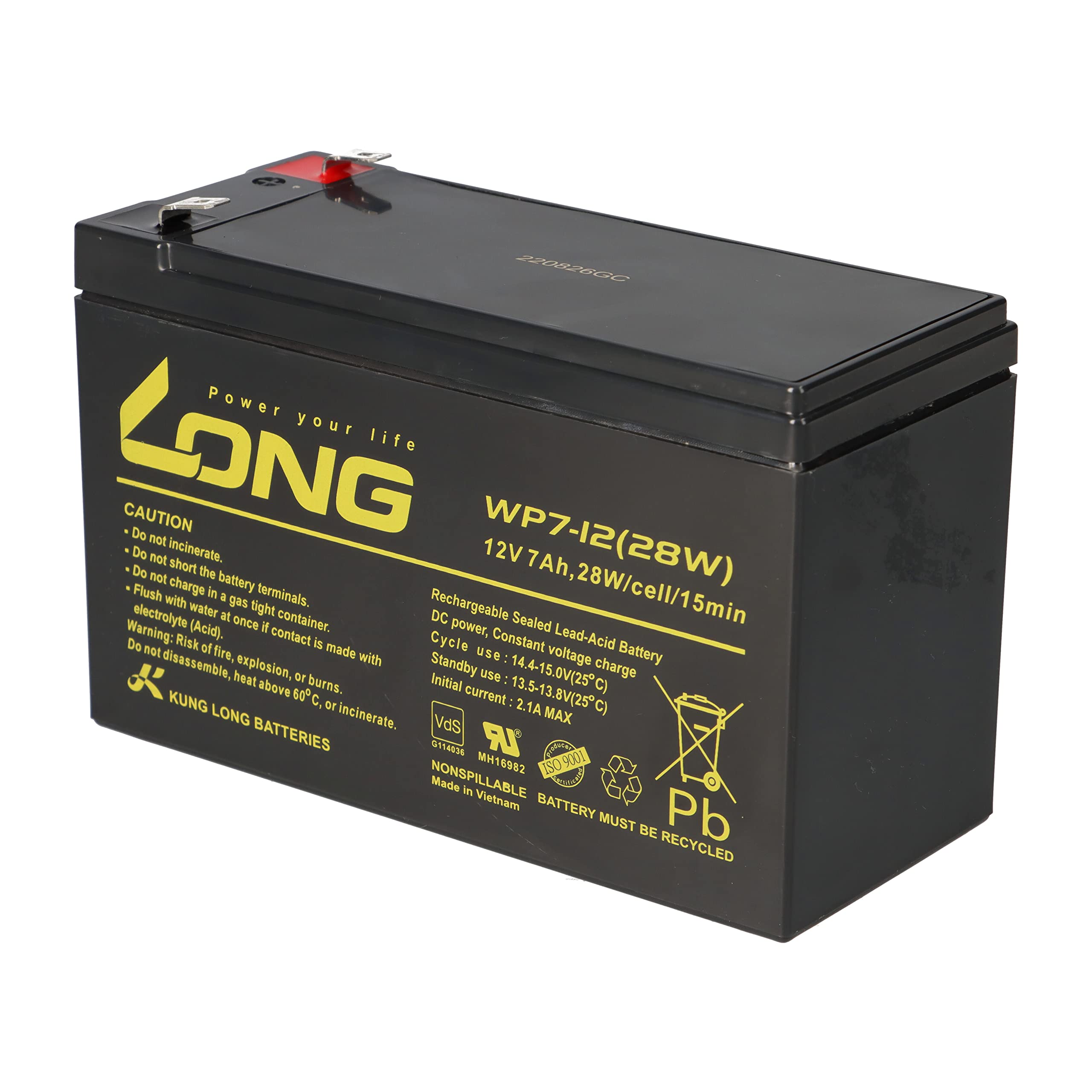 1 batterie au plomb AGM 12 V 7 Ah longue WP7-12 28 W VDs Faston F2 6,3 mm compatible gel plomb 7,2 Ah 8 Ah 9 Ah