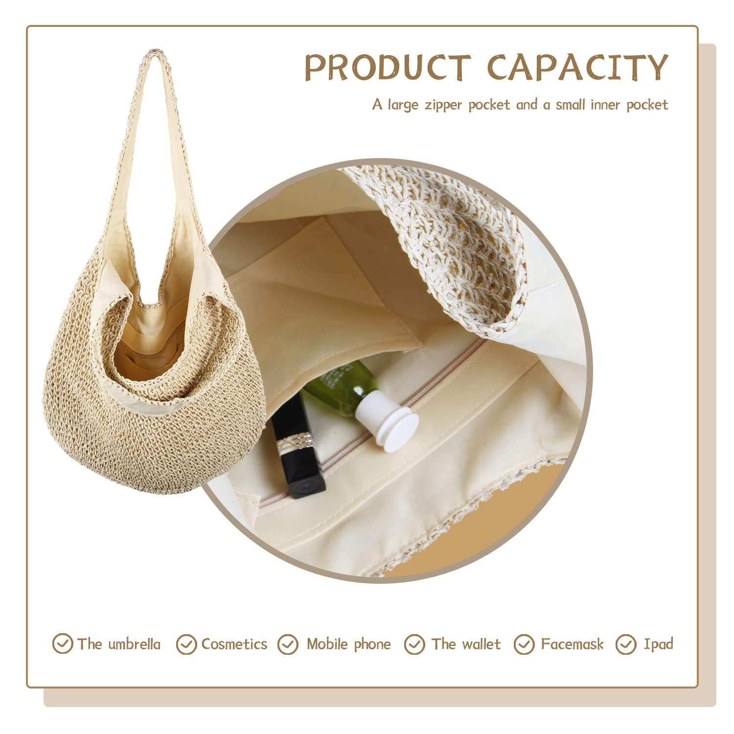 SUKUTU Borsa da Spiaggia Grande in Rattan di Paglia da Donna Borse Hobo Borsa da Donna in Paglia intrecciata a mano Estiva