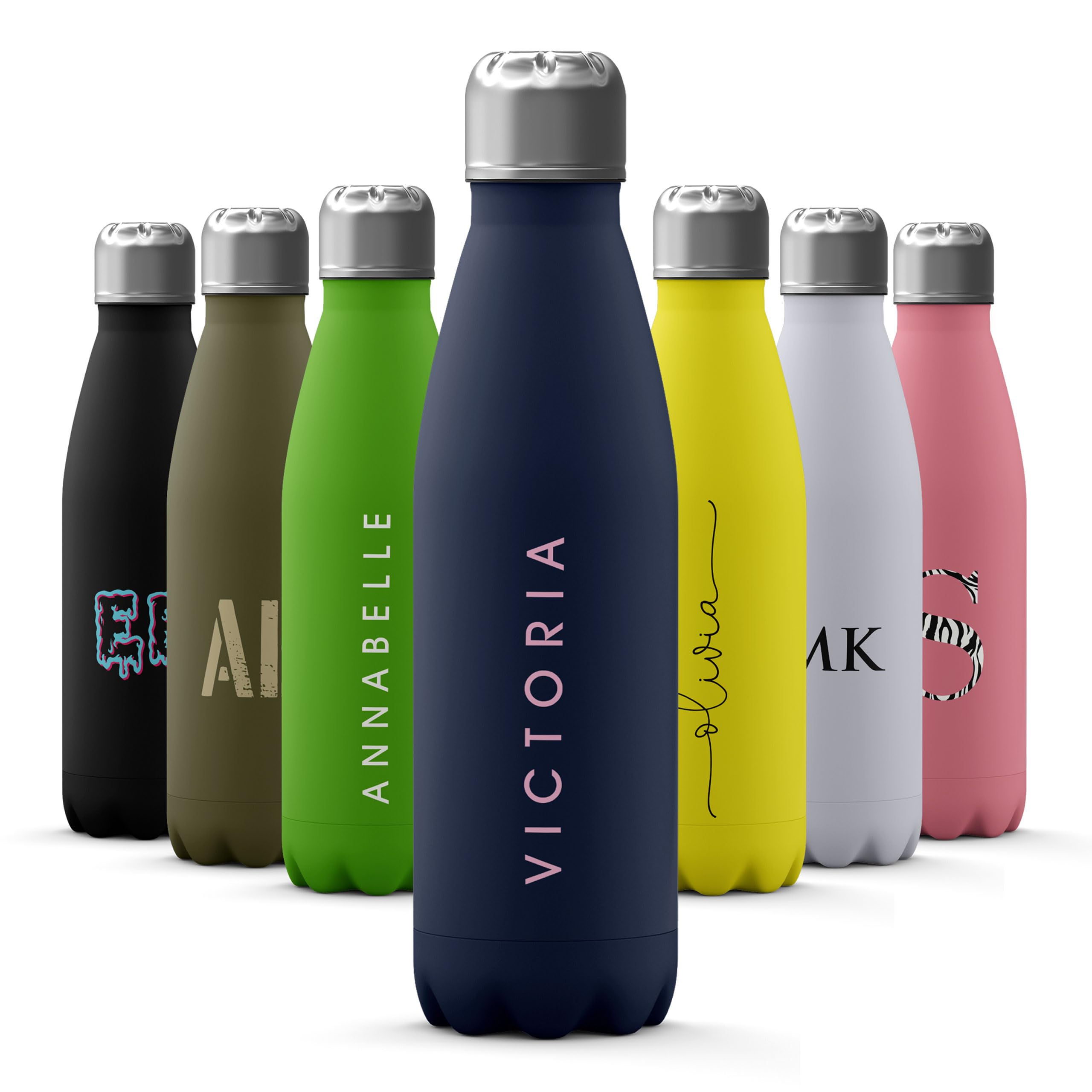 Tirita Personalised Water Bottle - Thermal Travel Flask for Hot & Cold Drinks - Insulated Stainless Steel Bottle - Gym, Office, School Drink Bottles - 500ml water bottle [05- Name Pink on Blue]