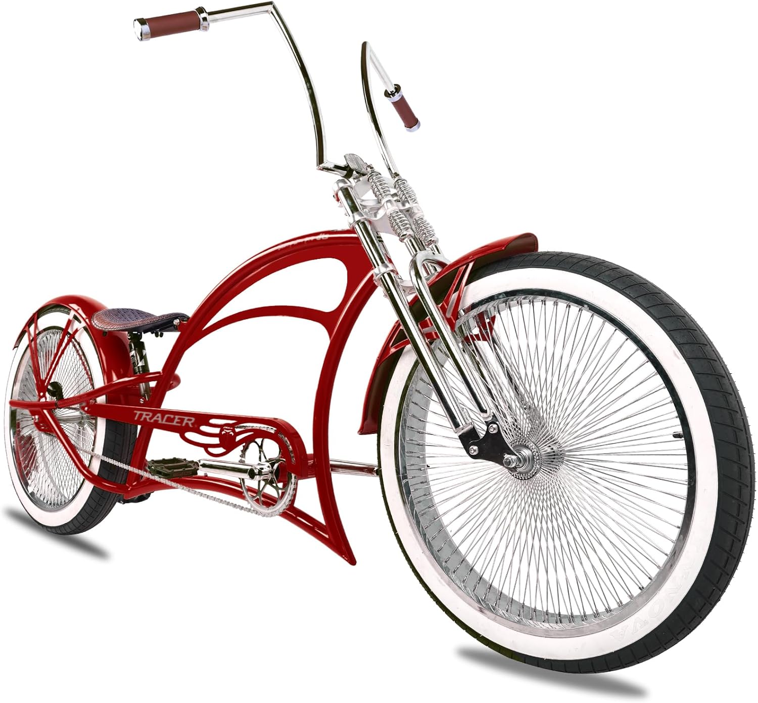 Tracer Scorpion Pro DTS Cruiser Bike for Adults 26" Stretch Chopper Bicycle with Oversized Steel Frame, Fat Tires, Full Suspension, Chrome Fork, 140H Chrome Spokes Beach Cruiser Bike