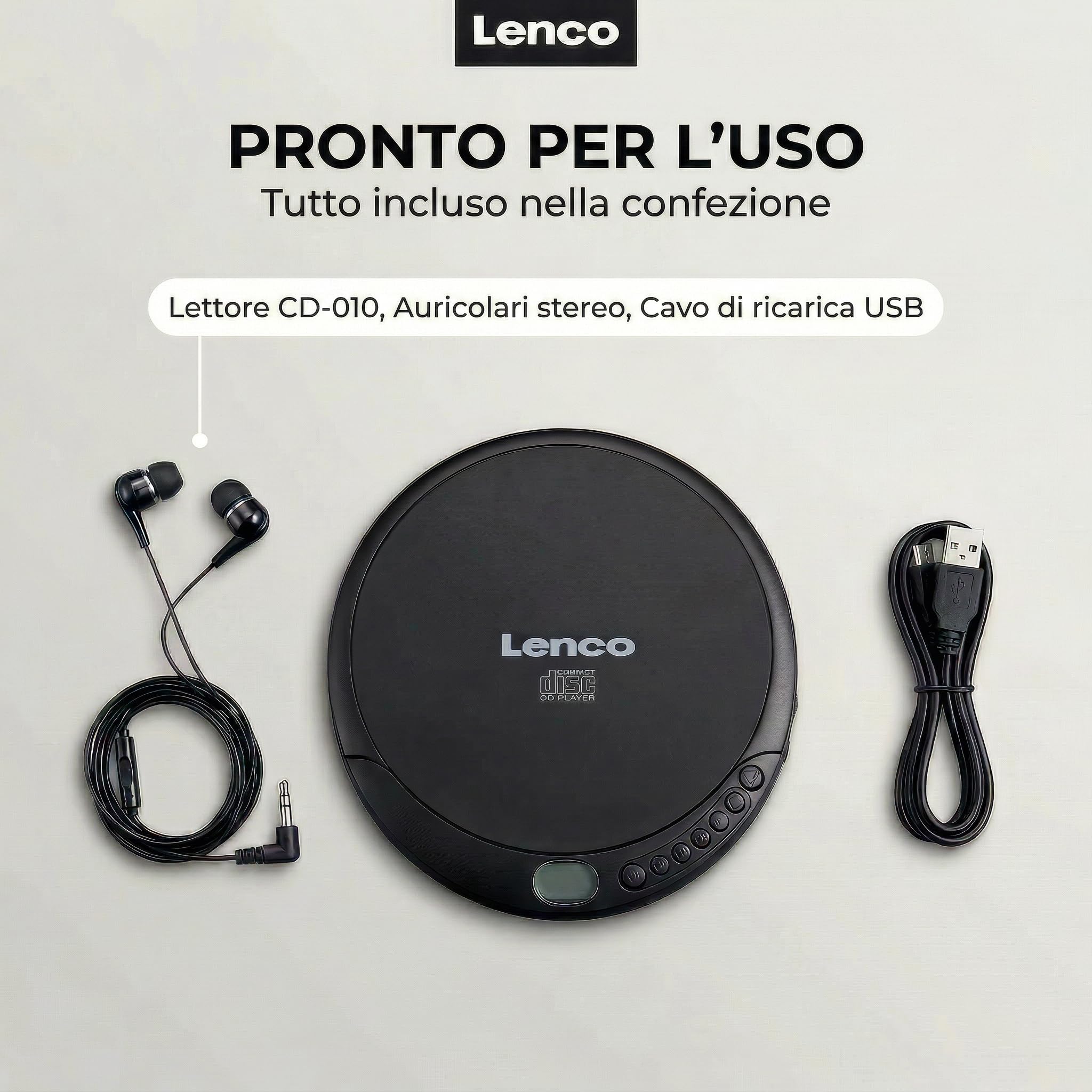 Lenco CD-010 Lettore CD portatile Walkman Nero con cuffie e cavo micro USB