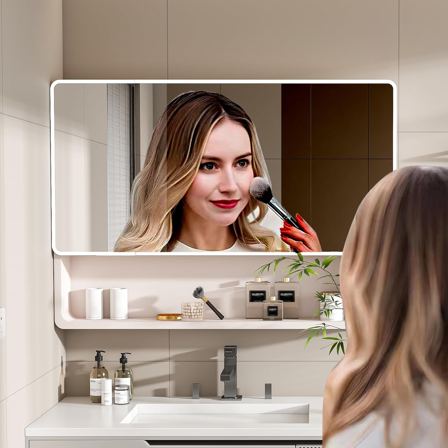 35x28 Inch Bathroom Mirror Cabinet with LED Lights & Defogging, Wall Mounted Aluminum Alloy Vanity, Silent Hinges, Cosmetic Storage Rack and Hair Dryer Holder, Khaki
