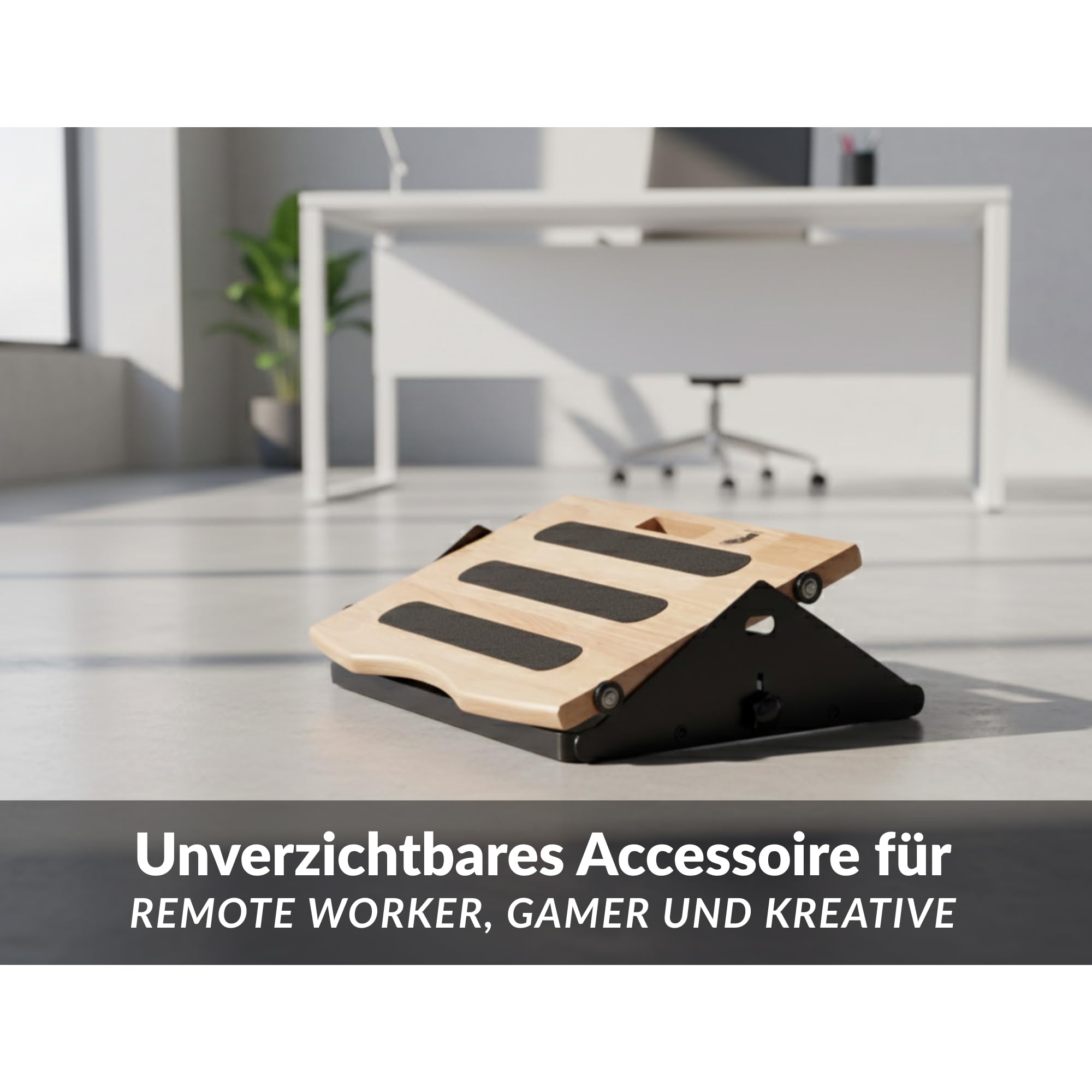 Ergonomische Fußstütze für Schreibtisch, höhenverstellbar, für Büros, niedrige Bewegung, weiche Bewegung, mit Rollen, Sohle aus Holz und Stahl, minimalistisches und elegantes Design, ideal