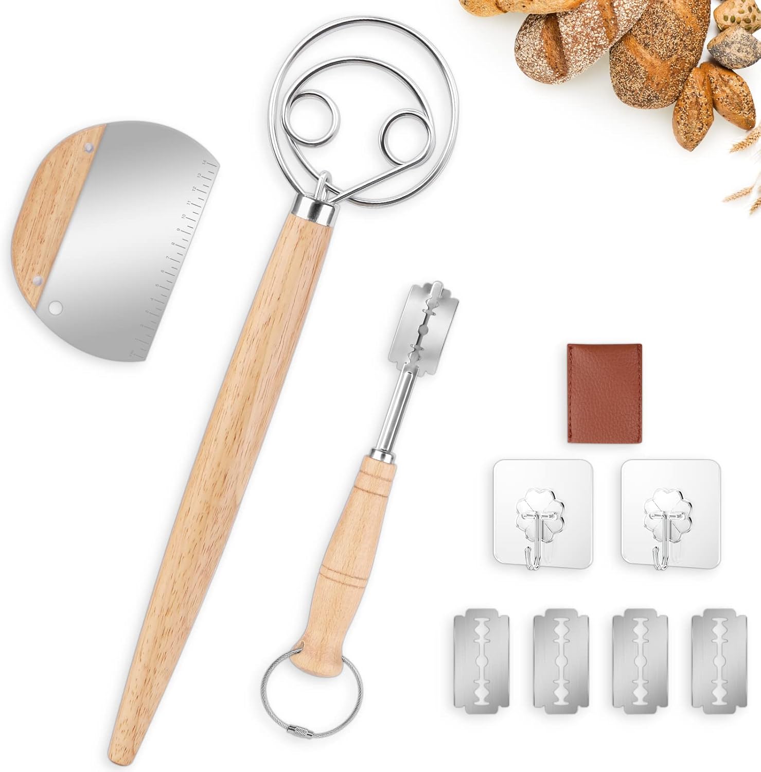 Danish Dough Whisk Bread Mixer Set, Hook Dutch Whisk and Dough Scraper with 4 Replacement Blades for Bread Dough, Pastry or Pizza Dough - Perfect for Baking