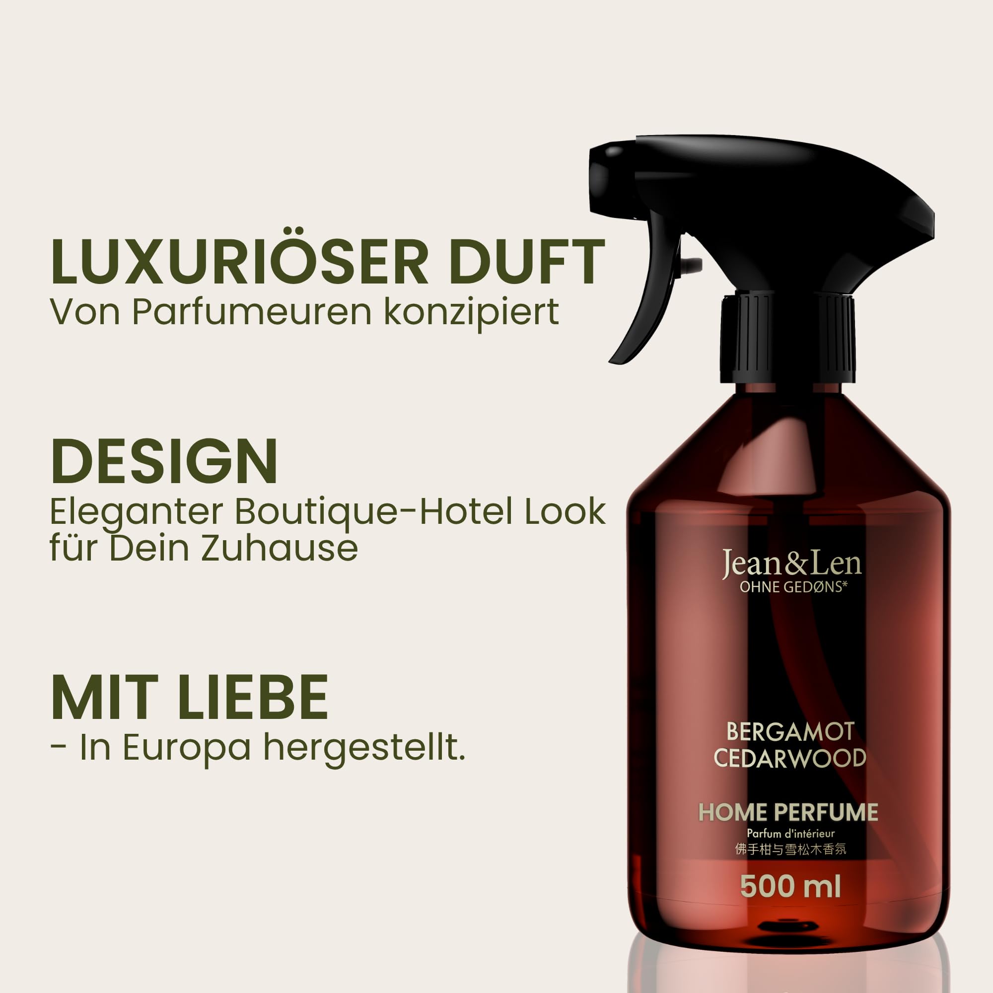 Jean & Len Home Perfume Set Bergamota y Cedro, fragancia de ambiente con aroma ácido, refresca con una sola pulverización, spray de ambiente de diseño minimalista, 6 x 500 ml