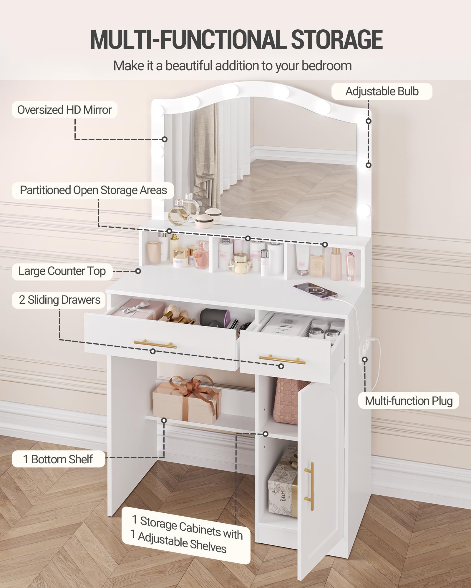 Hzuaneri Vanity, DużE Lustro Hd, 3-Kolorowe Regulowane śWiatłA Led, Ze Stacją łAdująCą, 2 Gniazdami Ac I 2 Portami Usb, 2 Szufladami I 1 Szafką Do Przechowywania, BiałO-ZłOta DT361HDT