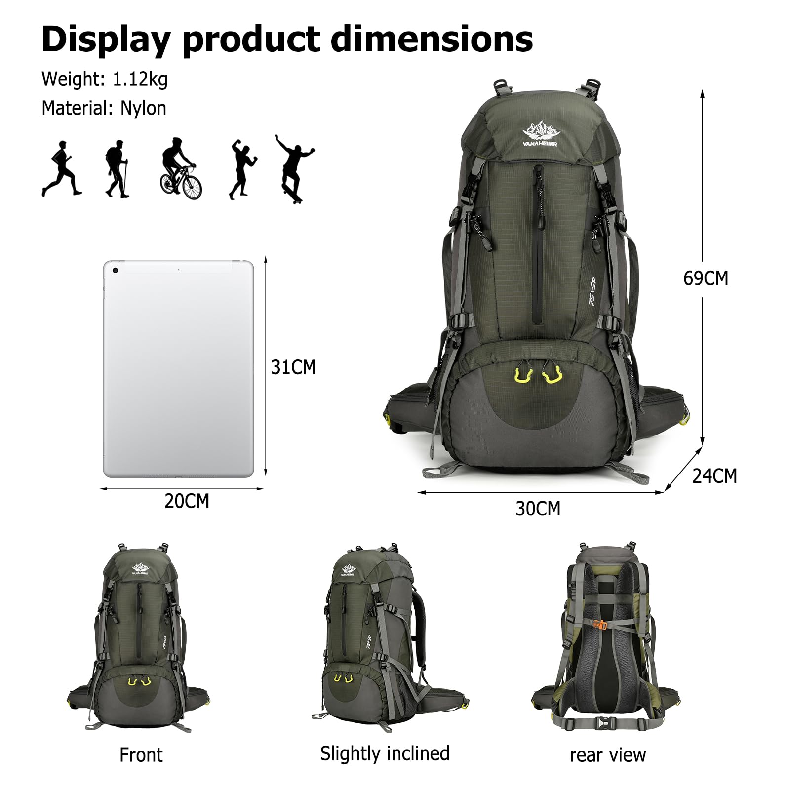 Sac à dos de randonnée imperméable 50 l avec housse de pluie pour homme et femme pour voyage, trekking, camping, escalade, sports de plein air