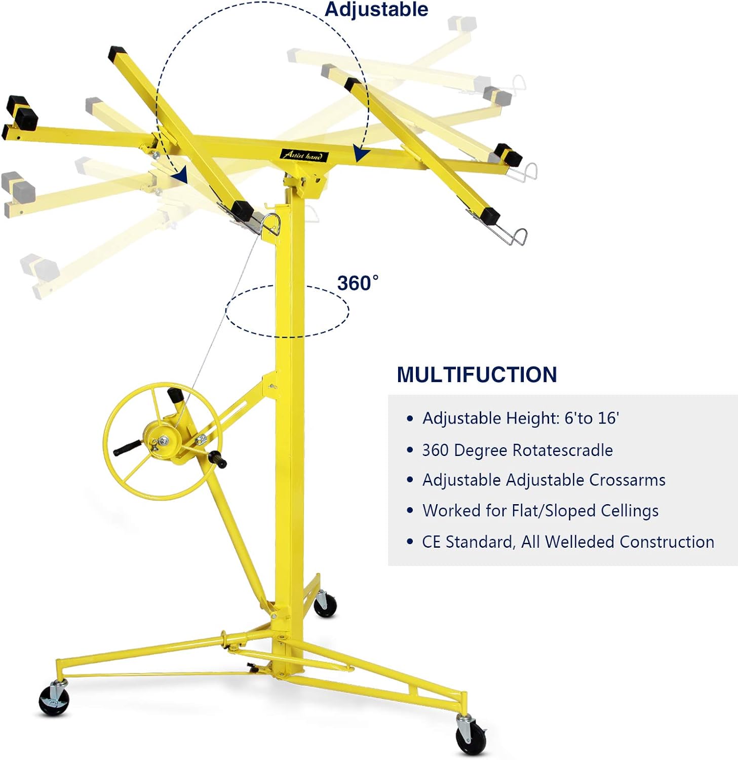 Drywall Lift Rolling Panel Hoist Jack Lifter Construction Caster Wheels Lockable Tool (16FT) - - 