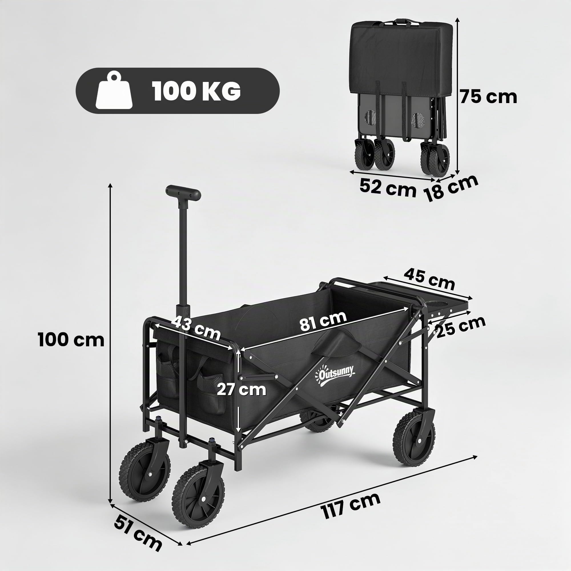 Outsunny Chariot de Transport Pliable, Chariot de Plage 4 Roues Dont 2 Roues Universelles, 140L 100 kg, Poignée Télescopique Inclinaison Réglable Plateau Pliable, pour Plage, Camping, Jardin, Noir