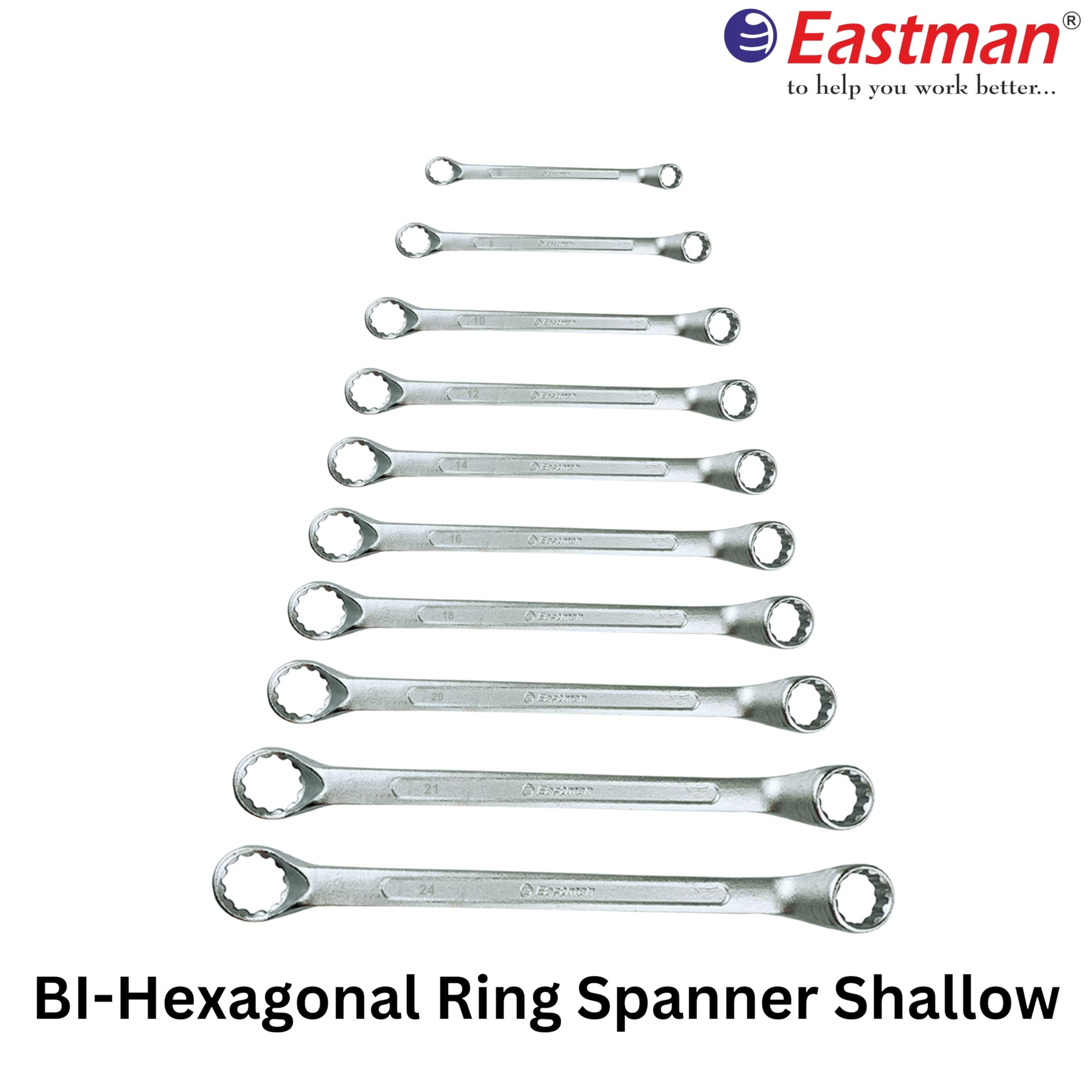 Eastman Bi-Hexagonal Ring Spanners - Shallow Offset - Crv Set Of 10 Pcs, Kit-07-100SD,Automotive Spanner Kit Chrome Vanadium Steel, Chrome Plated Ideal For Mechanical Work and Automotive Work (E-2007) 3