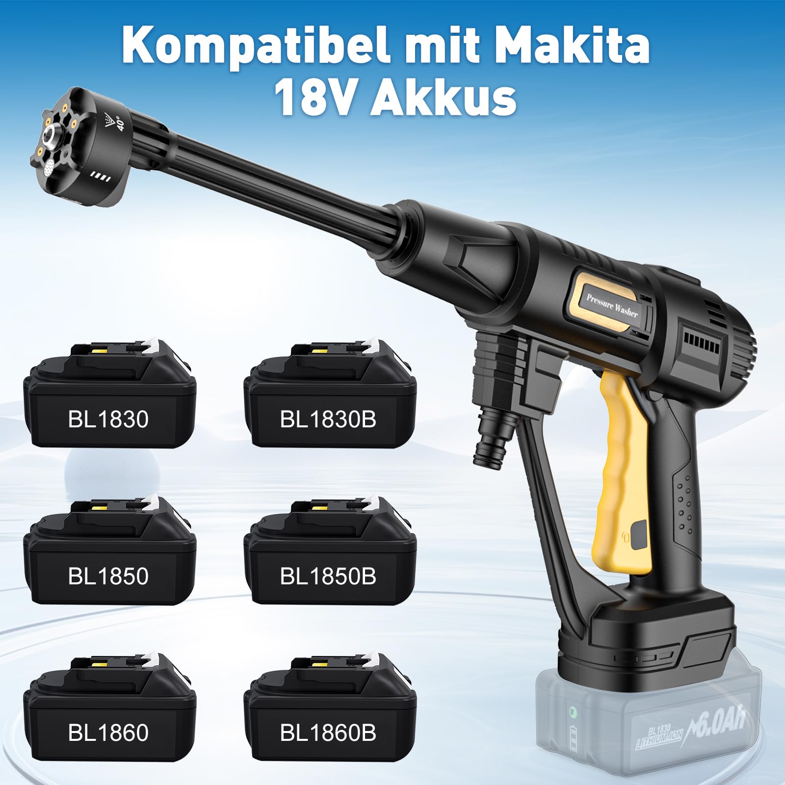 Akku Hochdruckreiniger für Makita 18V Akku, Mobile Reinigung und Bewässerung Druckreinigerpistole, Druckreiniger mit 6-IN-1 Düse [21V, 20 Bar, 4 L/min] für Auto, Garten (Ohne Akku)