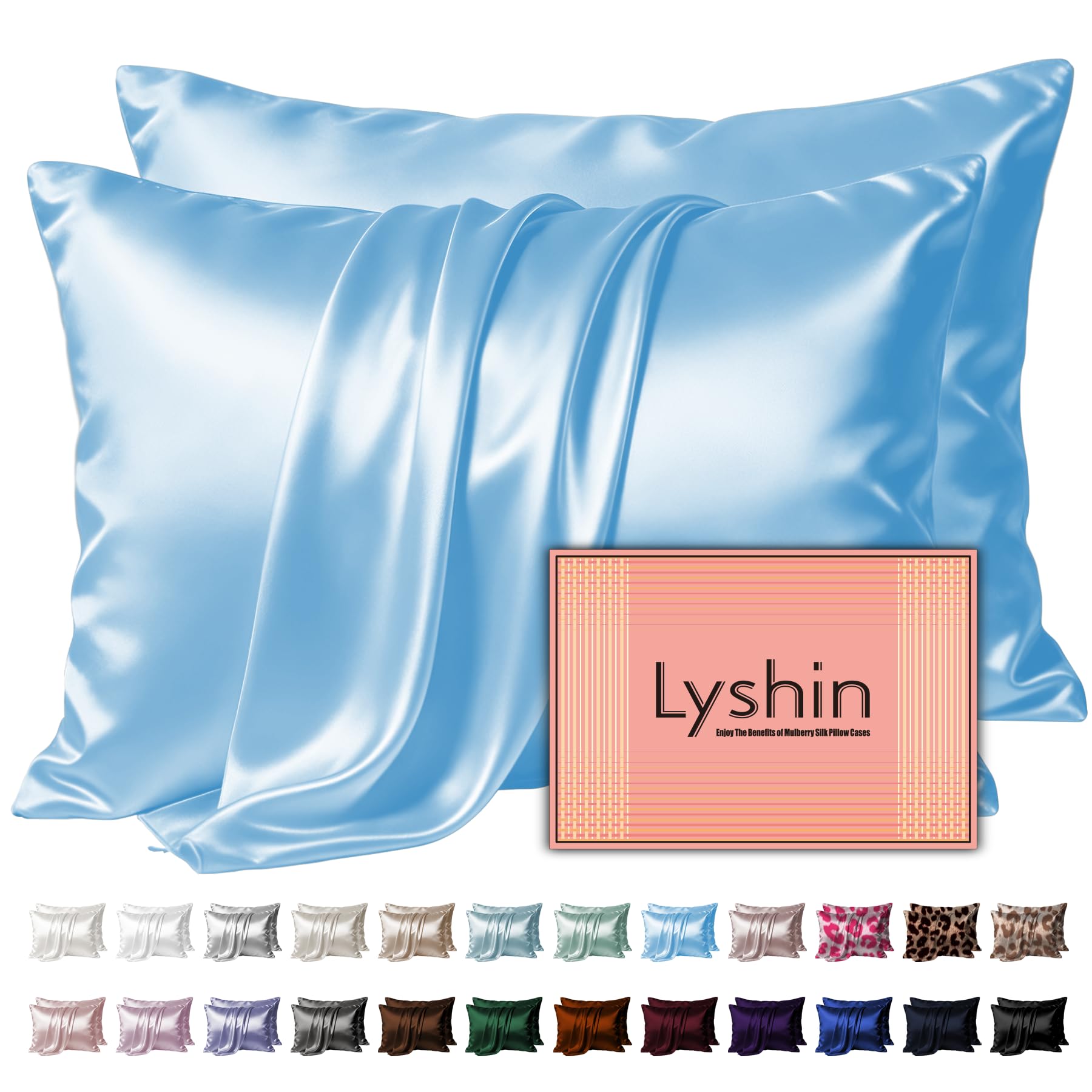 LYSHIN Silk Pillow Cases 2 Pack Queen Size with Zipper, Sky Blue