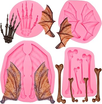 Halloween Skeleton Hand Silicone Molds, Bat Wings Crow Bone Chocolate Molds, Set of 4, Suitable for DIY Baking, Cake Decoration, Cupcake Topper, Candy, Plaster, Clay, ResinM108