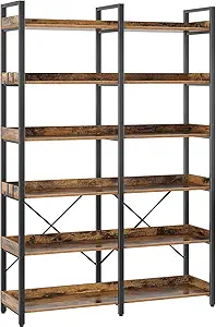 Seventable Bookshelf 6 Tier with 4 Hooks, 67” Industrial Wooden Bookcase, Vintage Storage Rack with Open Shelves, Rustic Standing Bookshelves Metal Frame 43.3” Wide Display Rack, Rustic Brown