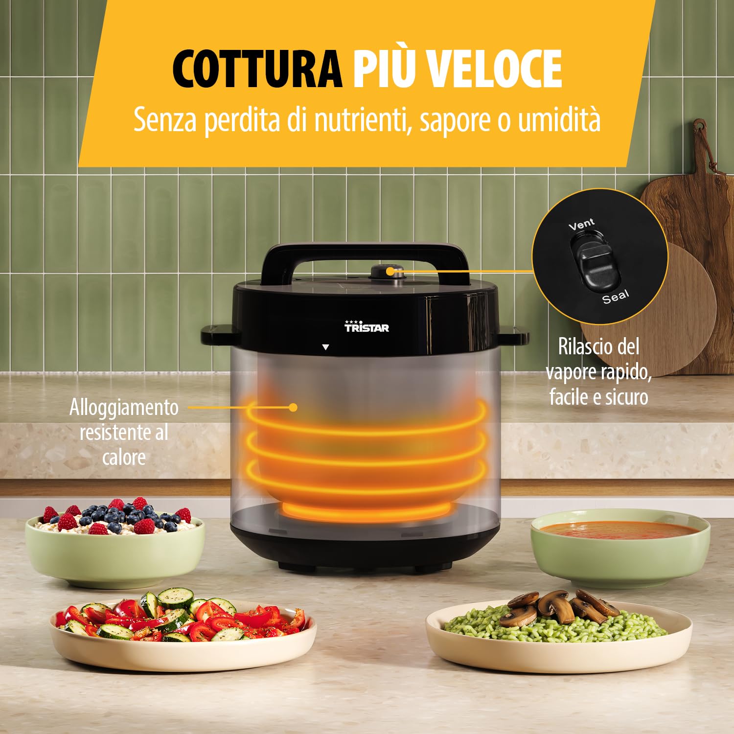 Pentola a Pressione Elettrica Tristar, Capacità 6 l, Potenza 1000 W, Sistemi di Sicurezza Integrati, Pentola Interna Rimovibile, Facile da Pulire, RK-6160