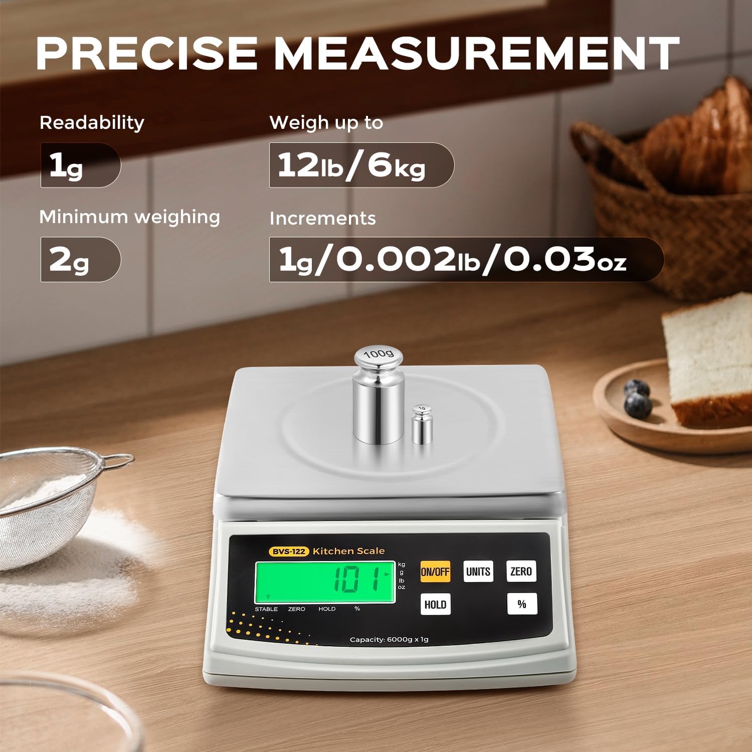 Bonvoisin 2 gr/ 6 kg Báscula de Cocina Digital - g/oz, Porcentaje y Tara | Plato de Acero Inoxidable, Alta Precisión Báscula Alimento para Cocinar, Postres, Velas y Jabones