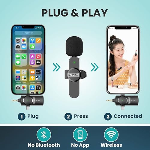 Miniatura 3 de MCVEM Micrófono de solapa Lavalier inalámbrico dual para iPhone, Android, cámara 2 micrófonos inalámbricos Plug and Play Chip de reducción de ruido