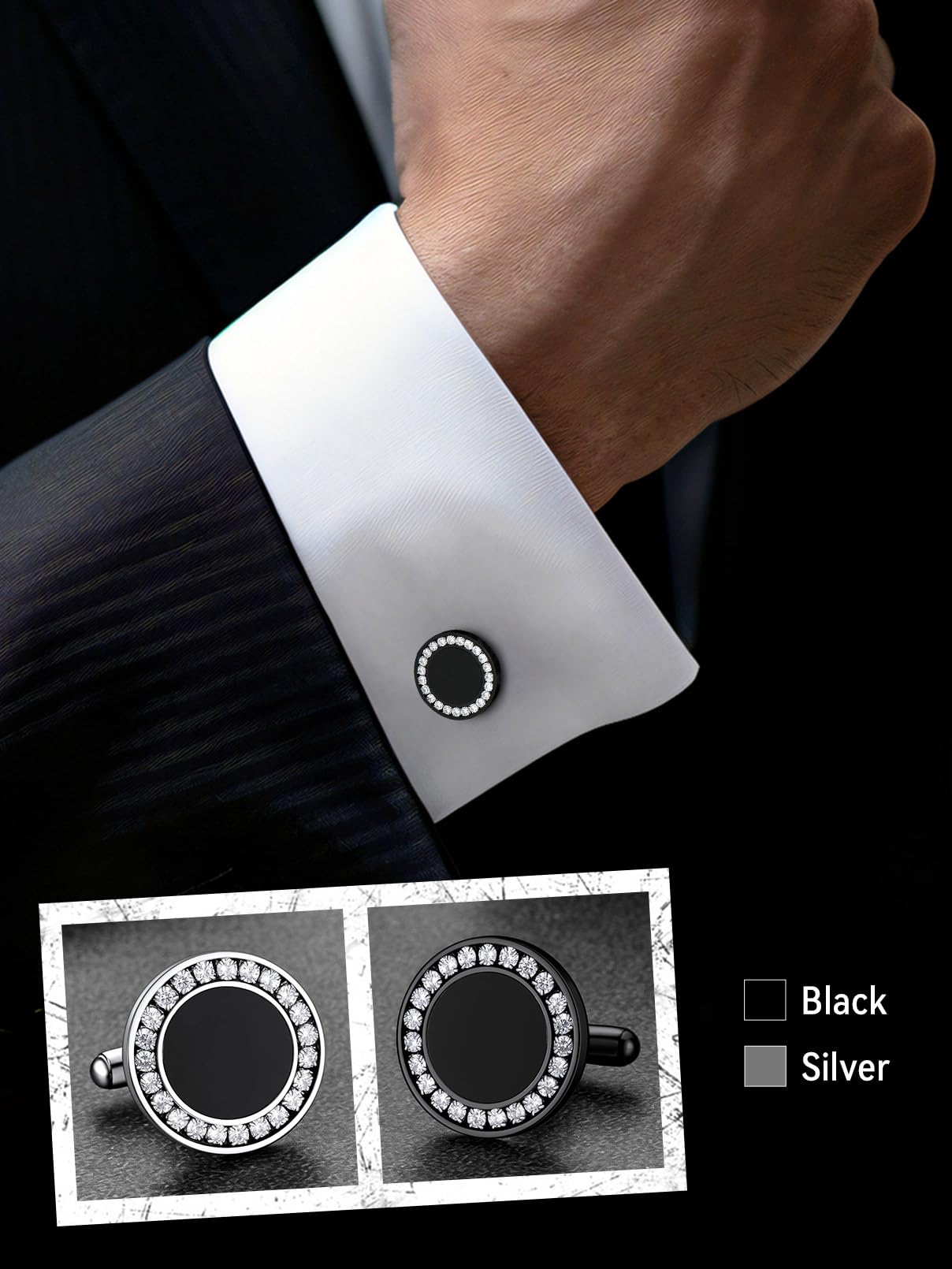 Black Onyx Tuxedo Shirt Button and Cufflinks Set, Silver or Black Stainless Steel Cuff Links for Business Wedding Shirt Accessory, Birthday Jewelry Gift for Dad