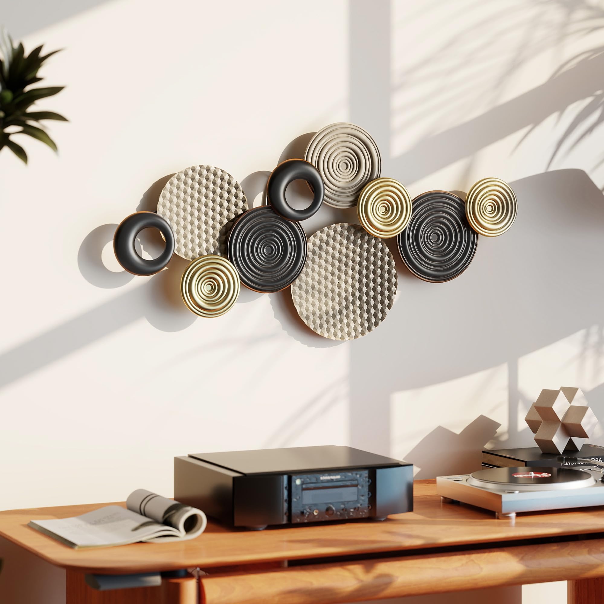 HOMCOM Décoration murale en métal moderne, sculpture murale en métal, design unique à plusieurs disques, suspendu décor pour salon, chambre à coucher, bureau, 100 x 50 cm, kaki et noir