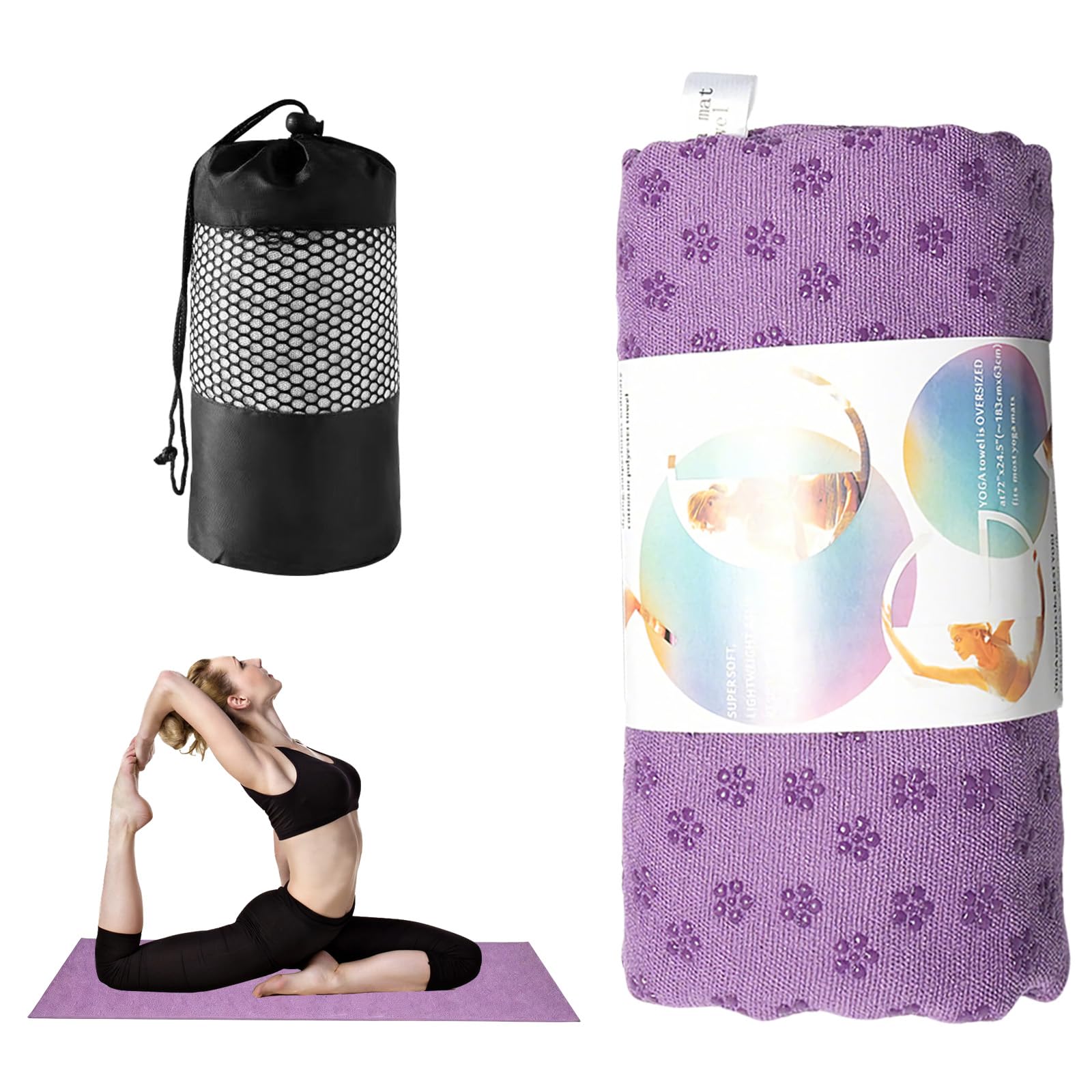 Upgrade Yoga Towel with Grip Dot,Microfiber Yoga Mat Towels with Storage Bag Non Slip for Hot Yoga,Absorbent Sweat Anti-Slip Cover,Bikram,Pilates,Exercise,Fitness (Purple)