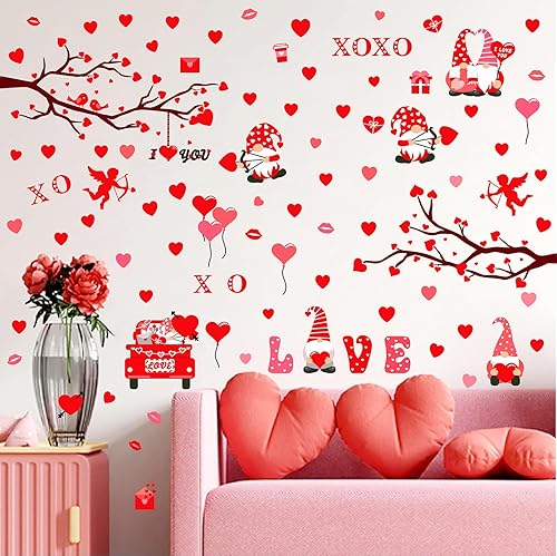Calcomanías de pared con diseño de corazón rojo, diseño de corazones, gnomos, ramas de árboles, calcomanías de pared con temática de amor,