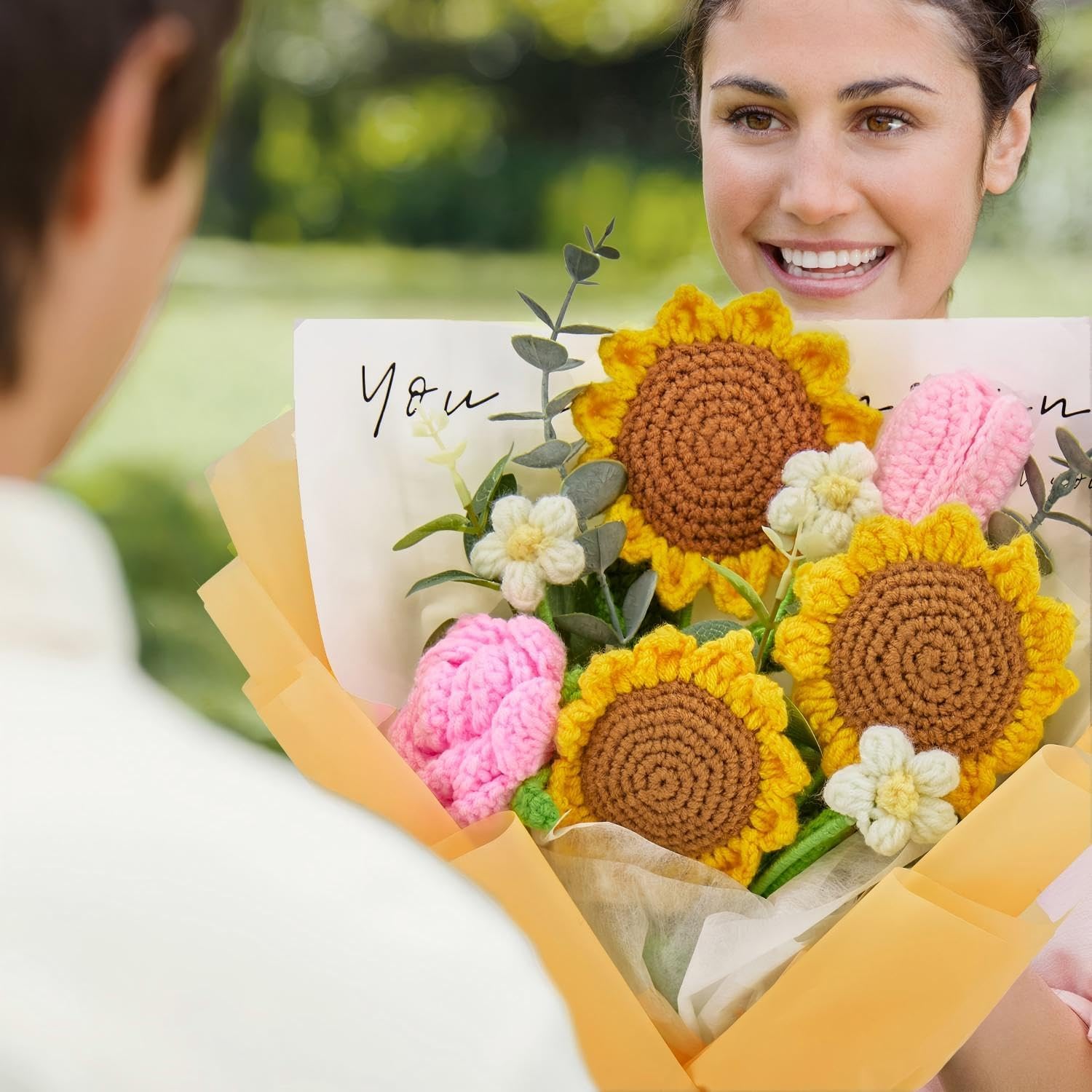 Crochet Flowers, Crochet Flower Bouquet of Sunflowers, Tulips, Roses, Daisy, Crochet Bouquet of Flowers Gifts for Thanksgiving, Christmas, Birthday with Card and Gift Bag