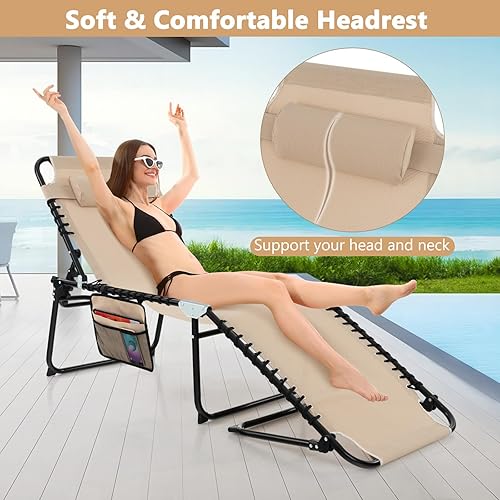 Miniatura 5 de Giantex Sillas de Salón de Patio para Exteriores - Juego de 2 Sillas Plegables de Bronceado con Reposacabezas, 4 Posiciones Ajustables, Bolsillo