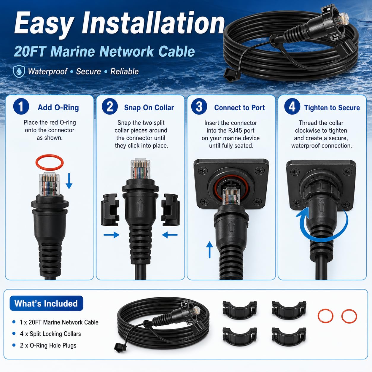 Câble réseau marin pour Garmin GPSMAP, 【20F/Set】 Câble Ethernet RJ45 mâle à mâle pour navigation Garmin, ECHOMAP UHD/Ultra, GCV, GSD et plus, remplacement pour 010-10551-00 (noir A)