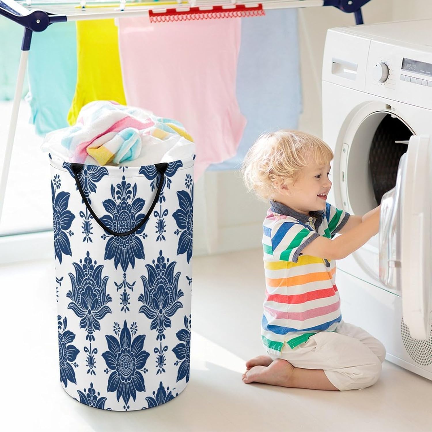 Navy Ethnic Floral Laundry Hamper Portable Lightweight Clothes Hampers Fashion Dirty Laundry Storage Basket Large Capacity Foldable Clothes Baskets for Bathroom Bedroom