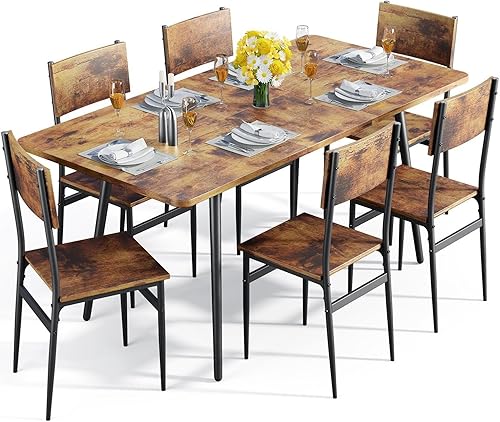 63” Extendable Dining Table Set for 4-6 People, 7-Piece Dining Table Set for 6 People with 6 Chairs, MDF Wood Board Kitchen Table Set for Small