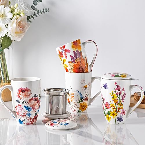 Miniatura 9 de GBHOME Taza de té con infusor y tapa, taza grande de cerámica de hoja suelta de 18 onzas, apta para microondas, apta para lavavajillas, perfecta