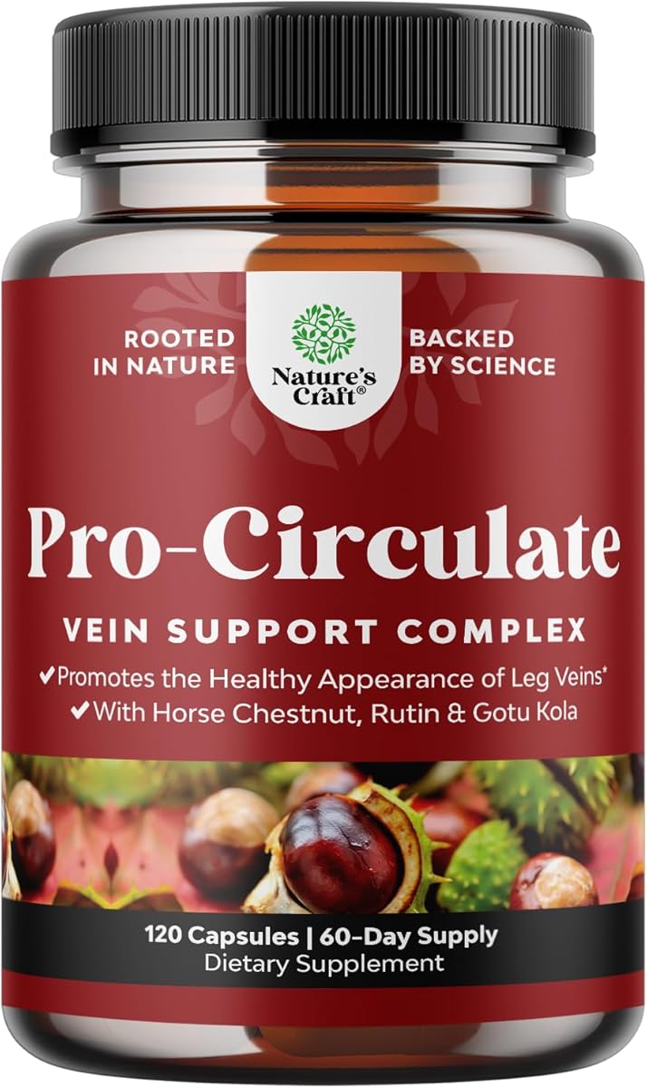 Natures Craft Vein Support Supplements Leg and Veins - Full Body Circulation Supplement for Spider & Varicose Veins and Improved Flow with Horse Chestnut Extract - Vegan Non-GMO Capsules - 120 Count