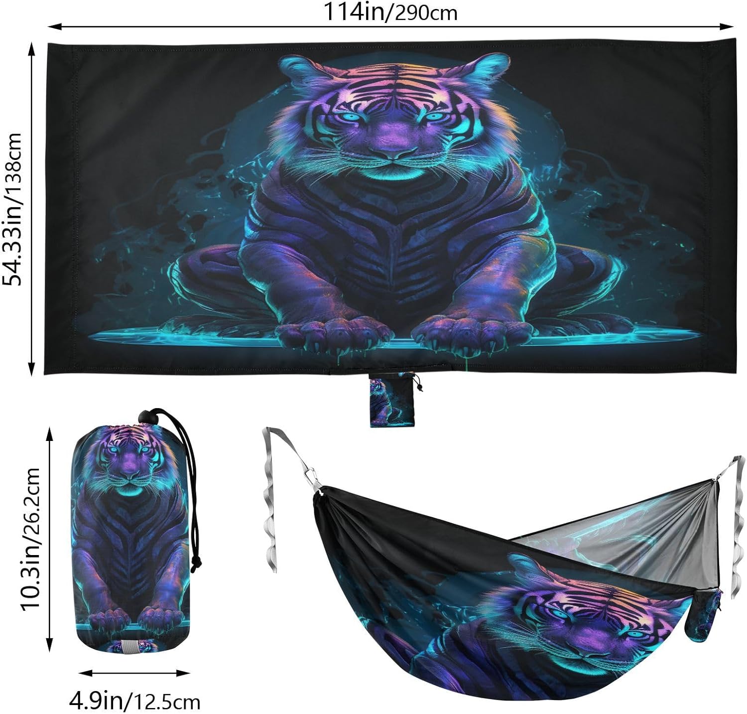 ALAZA Neon Tiger Camping Hammocks Single or 2 Person 500 lbs Portable Parachute Travel Hammock w/Tree Straps for Hiking Backpacking Indoor Outdoor