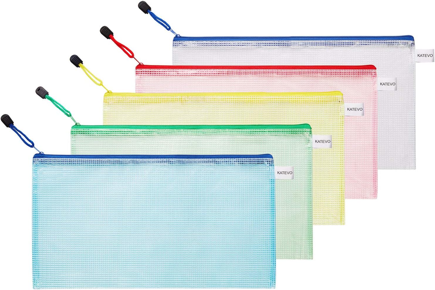 KATEVO B6 Zipper File Bags, 5 Colors Zippered Water-Resistant PVC Bag Storage Pouch for Women, Men Organizer Document, Business Receipts, Cosmetics, Travel Accessories (5 pcs)